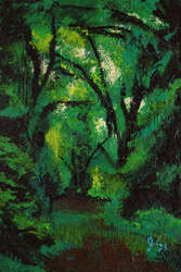 A rough painting of a forest dense with underbrush. Daylight peeks through the canopy.