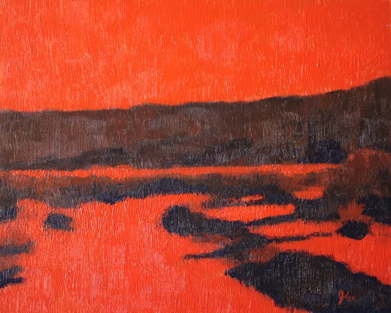 A somewhat abstract painting of a desert wash in an orange red.