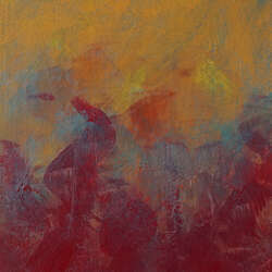 An abstract painting of a field fading from yellow at top through browns to red on the bottom, there is a cloying cerulean sticking in the ridges and depressions of the brushstrokes.