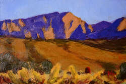Rough painting of a mountain range at sunset.