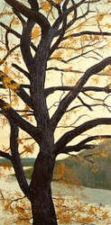 Painting of a tree in fall. Most leaves have left, the rest are leaving. A naked trunk dominates the canvas.