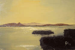 Painting of an afternoon lake with distant hills across the lake, sparkly water and shady reeds in the foreground.