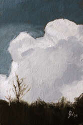 A painting of fluffy clouds above a treeline.