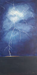 Painting of a discharge of lightning over and striking a prairie.