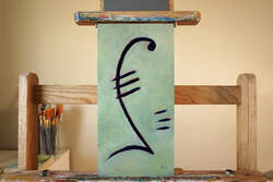 Abstract painting of a symbol kind of reminiscent of a currency sign or a musical clef on an uneven mint background.