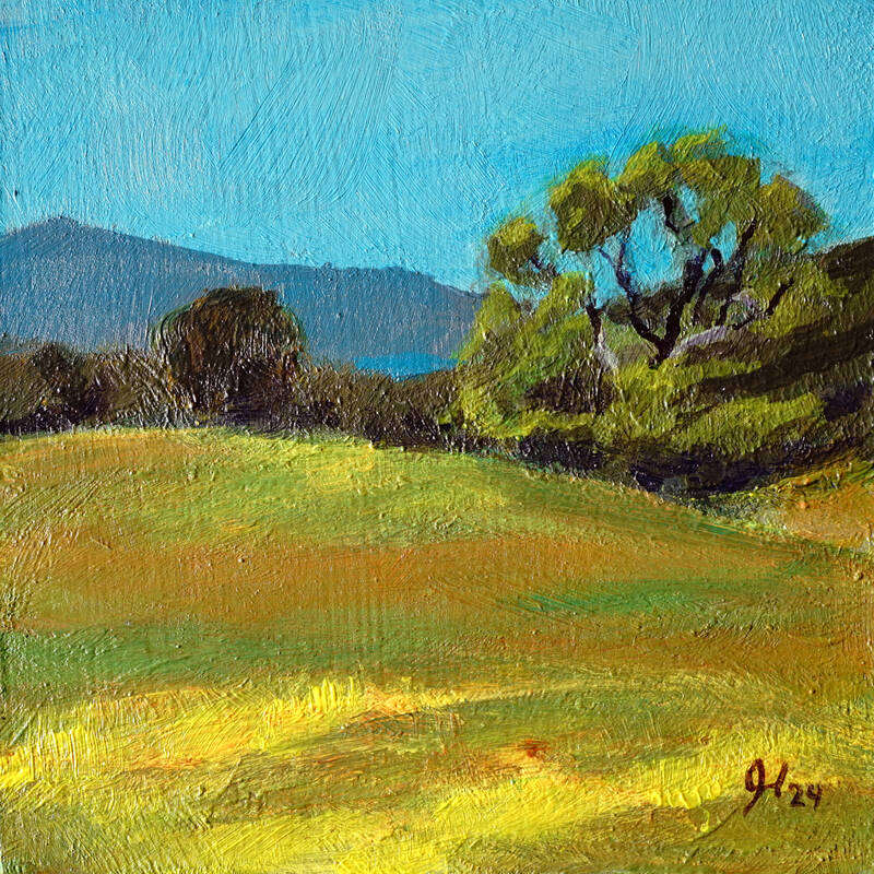 Tiny painting of a small flowery field with an oak at the edge.
