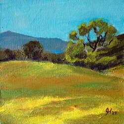 Tiny painting of a small flowery field with an oak at the edge.