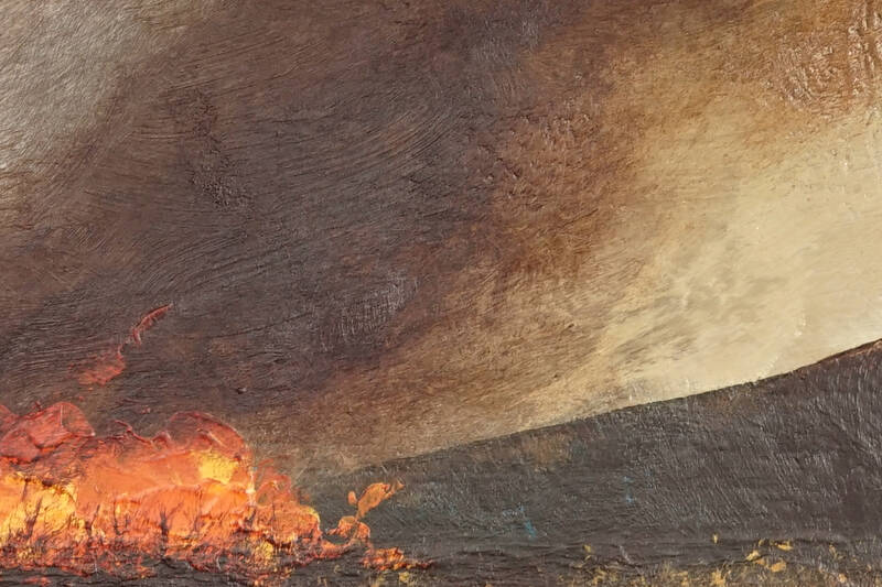 Painting of a fire in a prairie.