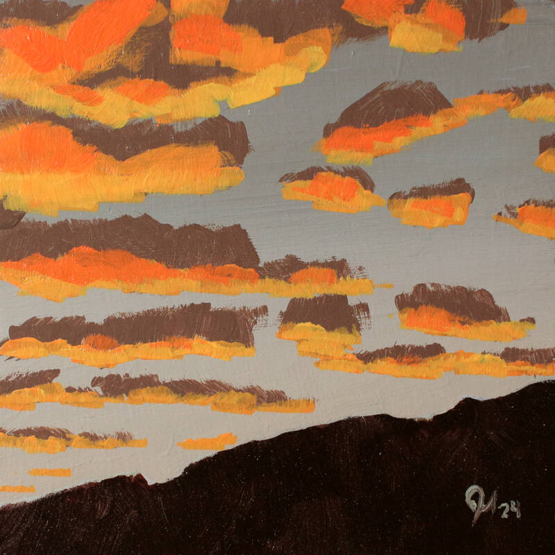A painting of a desert sunset with rhythmic clouds.