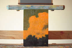 Abstractish painting of clouds over trees. There is a strong orange cast.