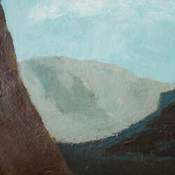 A landscape painting within a dark canyon opening looking out to a distant dessert hill.