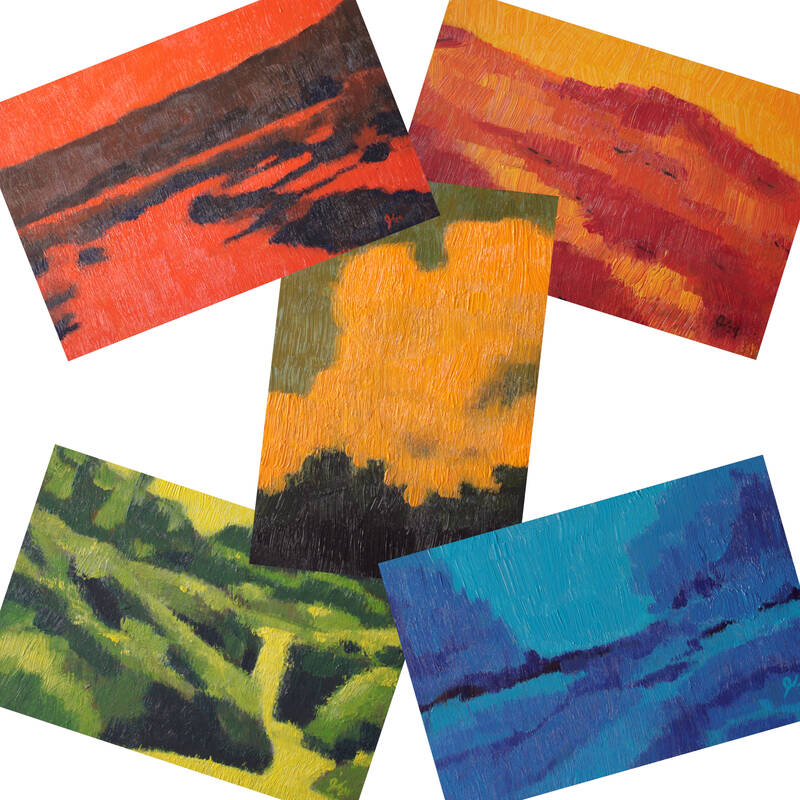 A set of 5 postcards of duo-tone acrylic paintings. 