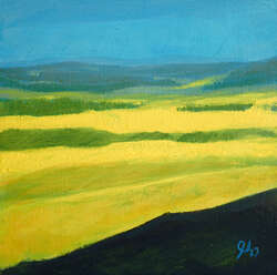 A painting of a valley in bright yellow bloom.