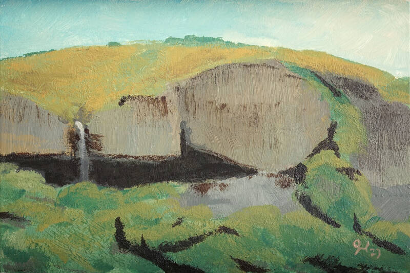 Very small painting of cliffs with a waterfall.